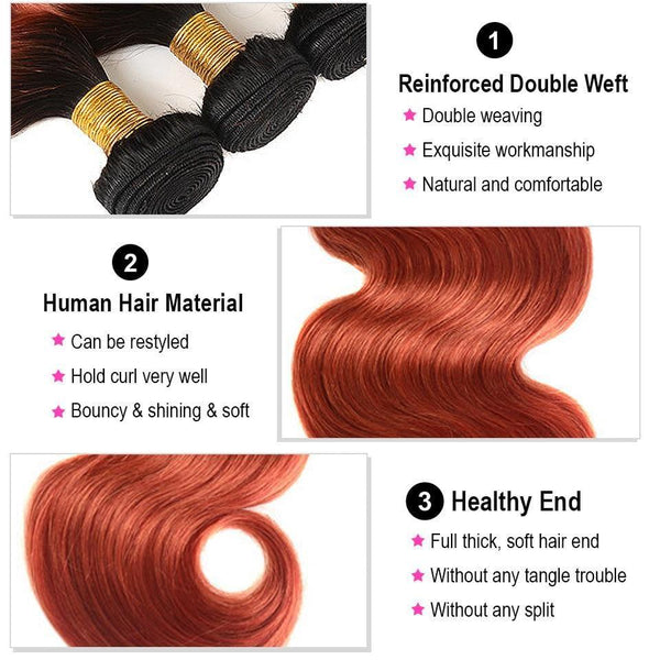 BeQueen  Paquets de Tissage Body Wave 100% Cheveux humains de Couleur Rouille #350 Racine Noir #1B