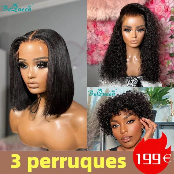 BeQueen 199€=3 perruques Perruque Curly 18"+Lisse bob 8”+Curly pixie