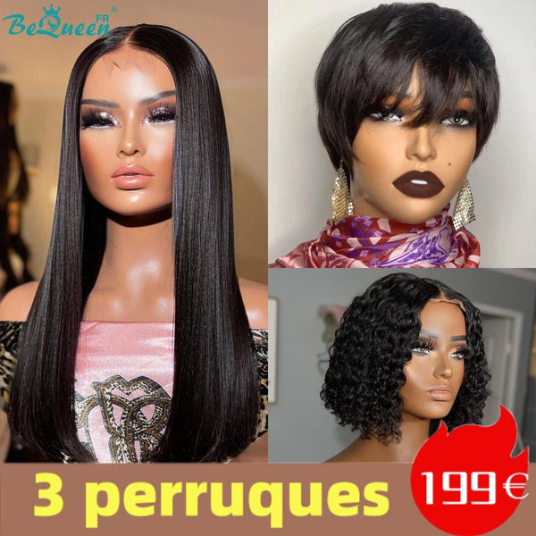 BeQueen 199€=3 perruques Perruque Lisse 18"+Curly bob+Lisse pixie