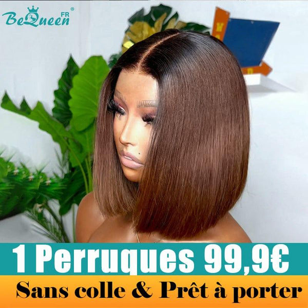 BeQueen 99,9€ = 1 pelucas sin pegamento Fawne Peluca Personalizada Bob Liso Listo para usar 4x4