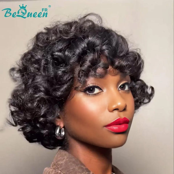 BeQueen 99,9€=1 perruques sans colle “	Mozanic” Perruque Customisée Bob bouclée Noir en couche Prêt à porter 13x4