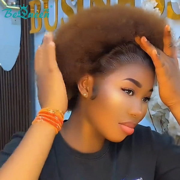 BeQueen "Addi" Peluca Bob Afro Rizado Negro y Marrón con frente de encaje 13X4 peluca natural