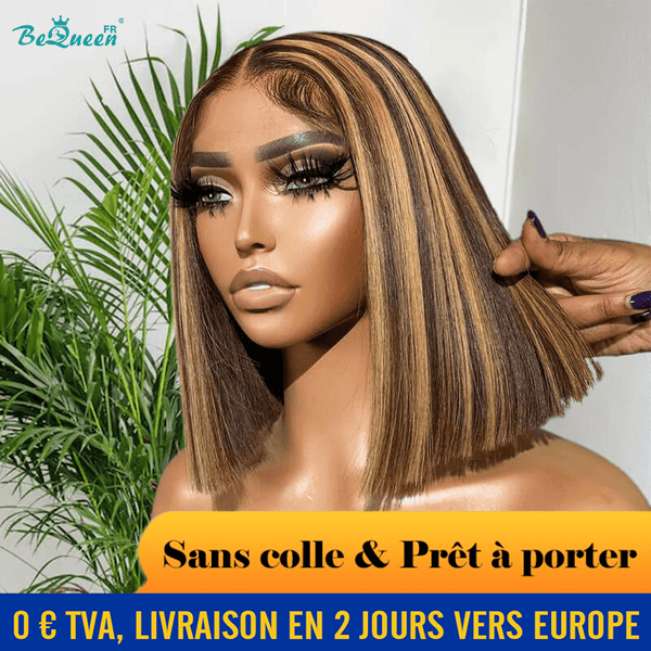BeQueen "Bonnie" Peruca Personalizada Bob Liso de 10 polegadas Pronto a usar Sem Cola 13X4 Em França