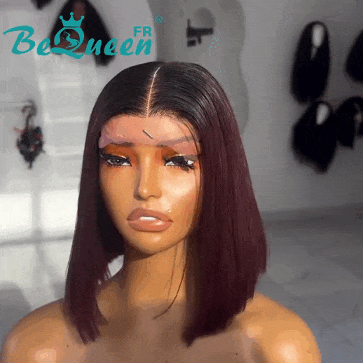 BeQueen "Dominique" Straight Bob Wig Black Root and Burgundy Red in Lace KIM 2x6 100% Vietnamese 250% Density Donated by 1 person