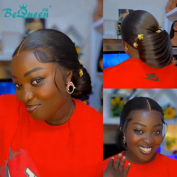 BeQueen "Telly" Peruca de casamento preta com coque e laço frontal 13x4