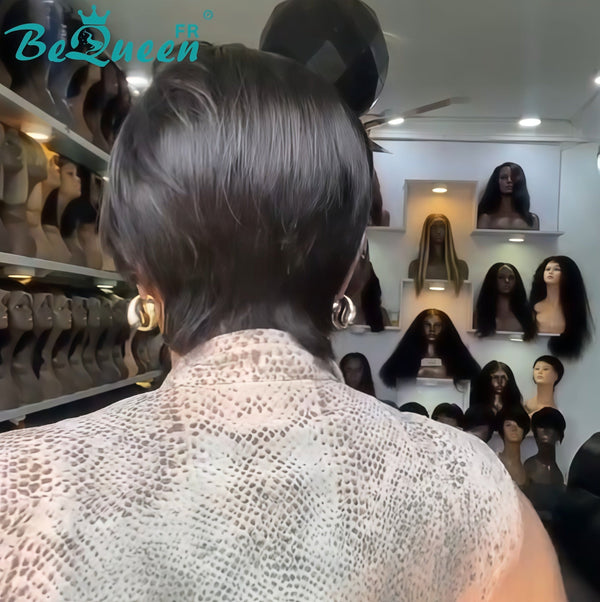 Peruca BeQueen "Adequin" Pixie preto com Frente em Renda sem cola estilo 3