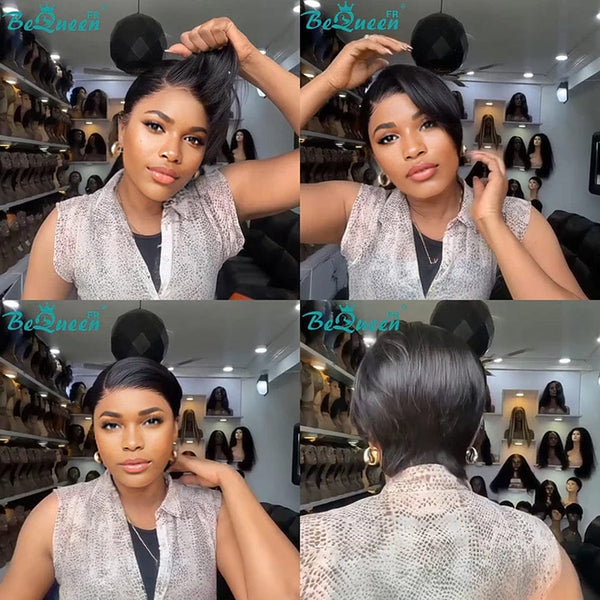 Peruca BeQueen "Adequin" Pixie preto com Frente em Renda sem cola estilo 3