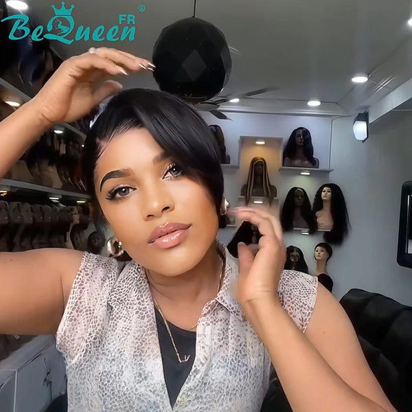 Peruca BeQueen "Adequin" Pixie preto com Frente em Renda sem cola estilo 3