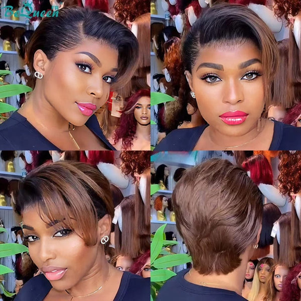 BeQueen “Adequin” Pixie Wig Black with Lace T-part Black and Brown Color