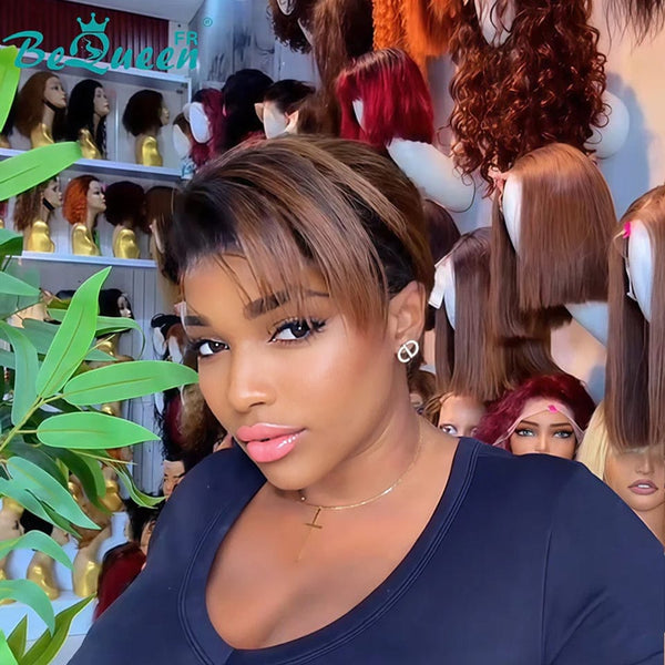 BeQueen “Adequin” Pixie Wig Black with Lace T-part Black and Brown Color