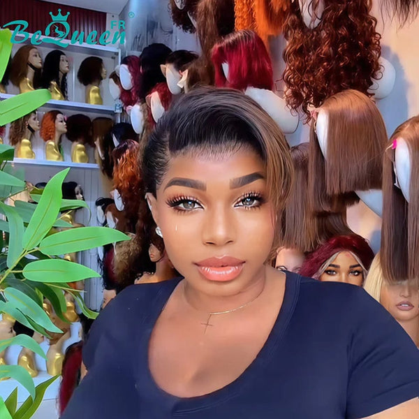 BeQueen “Adequin” Pixie Wig Black with Lace T-part Black and Brown Color