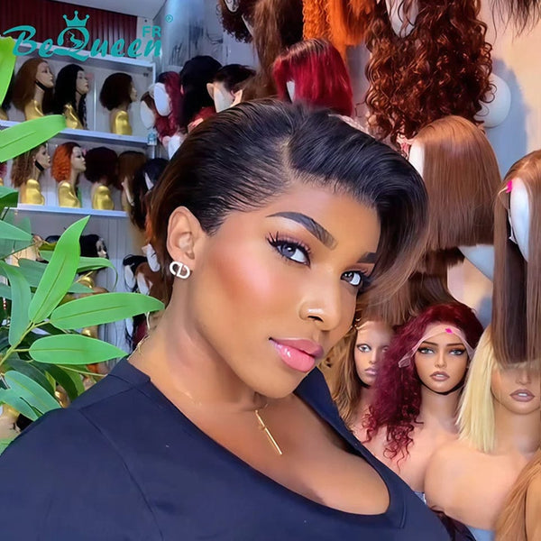 BeQueen “Adequin” Pixie Wig Black with Lace T-part Black and Brown Color