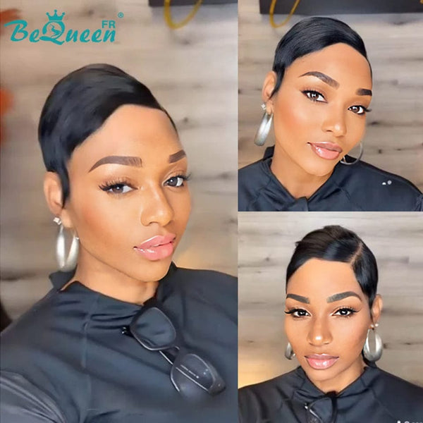 BeQueen “Adequin” Pixie Black Wig with Super Short Glueless T-Part Lace