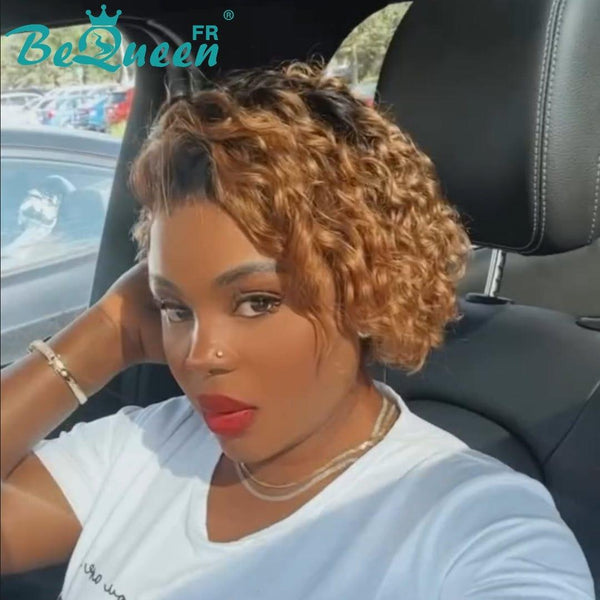 BeQueen Peluca "Belen" Pixie Ola Rizada con Encaje 13x4 Raíz Negra y Miel