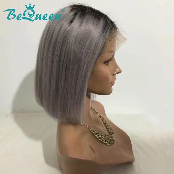 BeQueen Peluca Bob con Frontal de Encaje 13x4, Cabello Rizado de Color Personalizado Gris Negro