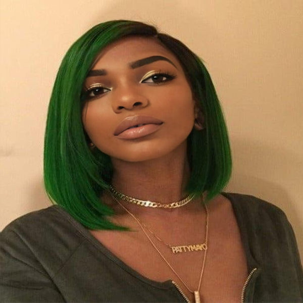 BeQueen Perruque Bob à Dentelle Frontale 13x4 Cheveux Raides de Couleur personnalisée Vert et Noir