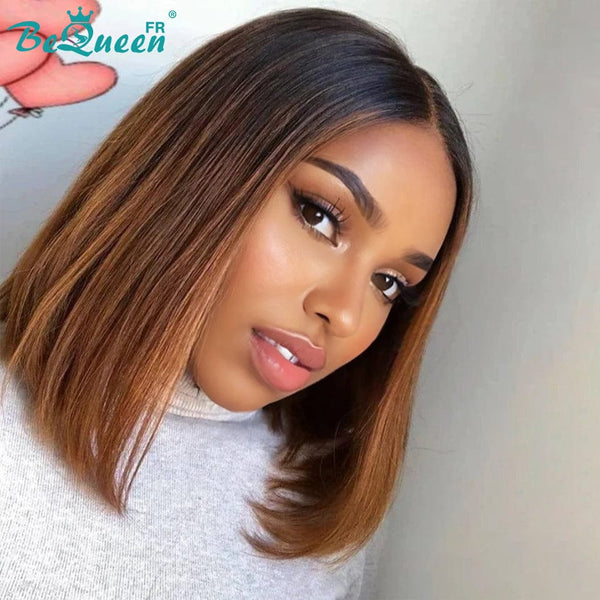 BeQueen Perruque Bob T Part Lisses racine noir ou Marron racine noir ou Bordeaux Rouge