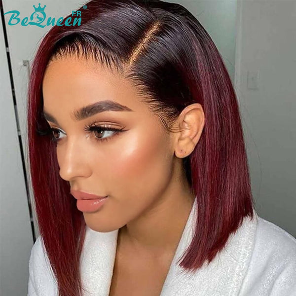 BeQueen Perruque Bob T Part Lisses racine noir ou Marron racine noir ou Bordeaux Rouge