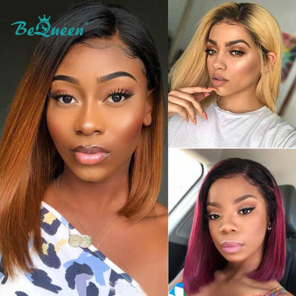 BeQueen Perruque Bob T Part Lisses racine noir ou Marron racine noir ou Bordeaux Rouge
