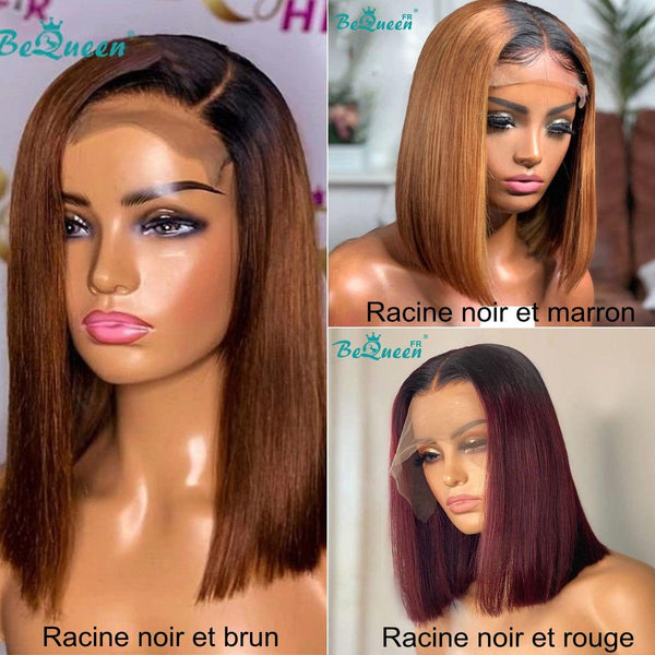 BeQueen Perruque Bob T Part Lisses racine noir ou Marron racine noir ou Bordeaux Rouge