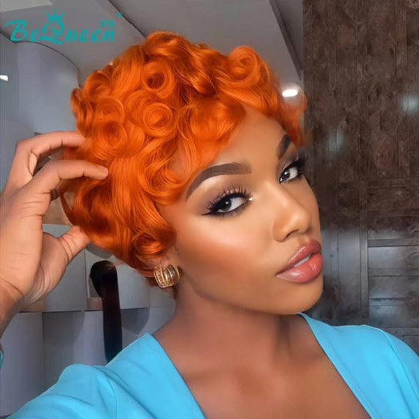 Bequeen Wig “Chioma” Pixie preto ondulado sem cola Pronta a usar cor laranja