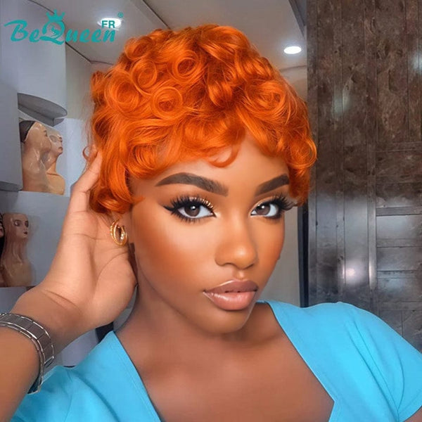Bequeen Wig “Chioma” Pixie preto ondulado sem cola Pronta a usar cor laranja