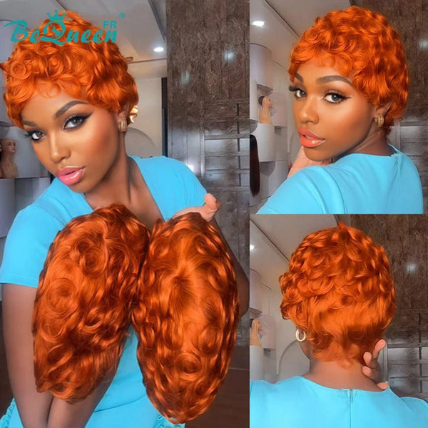 Bequeen Wig “Chioma” Pixie preto ondulado sem cola Pronta a usar cor laranja