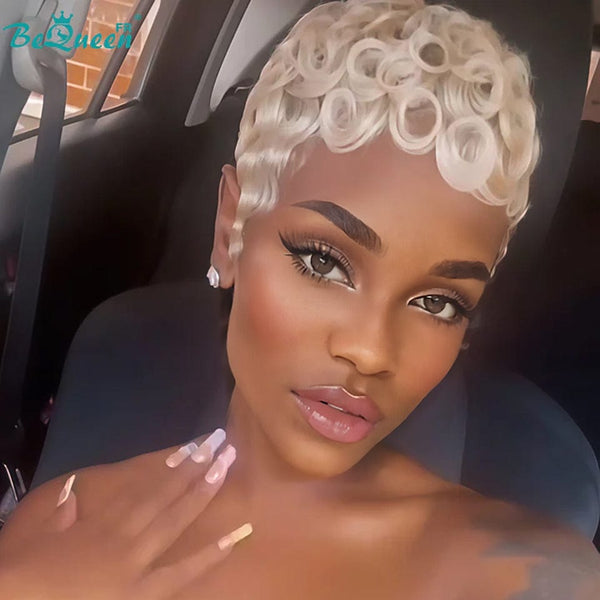 Bequeen Perruque “Chioma” Pixie noir curly sans colle Prêt à porter couleur blonde