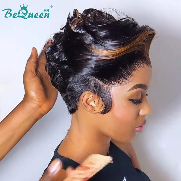 Bequeen Wig "Chris" Black mix Light Brown with side parting Ready to wear 100% human hair