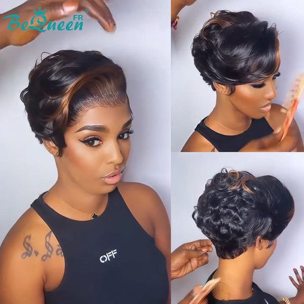 Bequeen Wig "Chris" Black mix Light Brown with side parting Ready to wear 100% human hair
