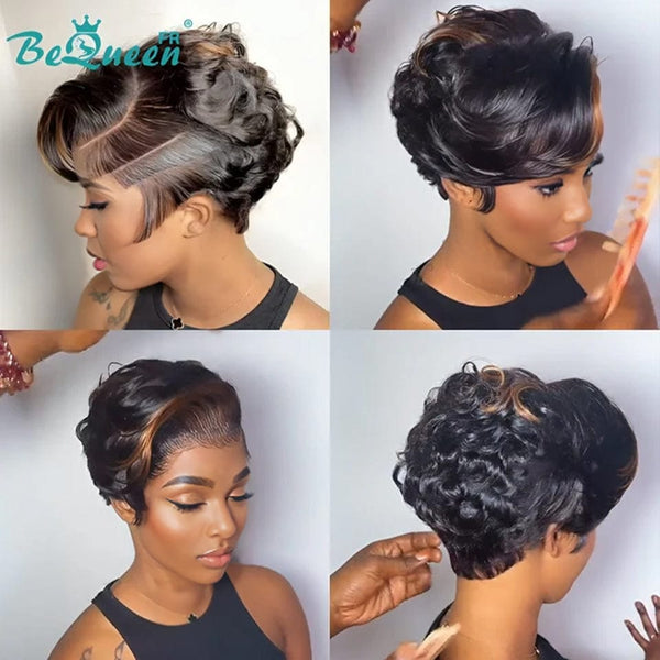 Bequeen Wig "Chris" Black mix Light Brown with side parting Ready to wear 100% human hair