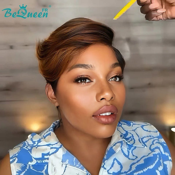 Bequeen Wig "Chris" Black mix Light Brown straight Ready to wear 100% human hair