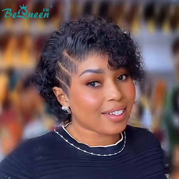 Bequeen Perruque “Suwis” Pixie lisse noir Sans colle Frontale Lace Avec Raie Du Côté