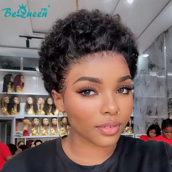 Bequeen Perruque “Suwis” Pixie lisse noir Sans colle Frontale Lace Avec Raie Du Côté