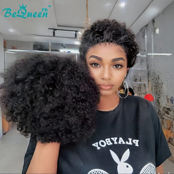 Bequeen Perruque “Suwis” Pixie lisse noir Sans colle Frontale Lace Avec Raie Du Côté