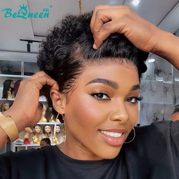 Bequeen Perruque “Suwis” Pixie lisse noir Sans colle Frontale Lace Avec Raie Du Côté