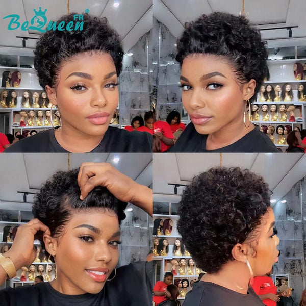 Bequeen Perruque “Suwis” Pixie lisse noir Sans colle Frontale Lace Avec Raie Du Côté