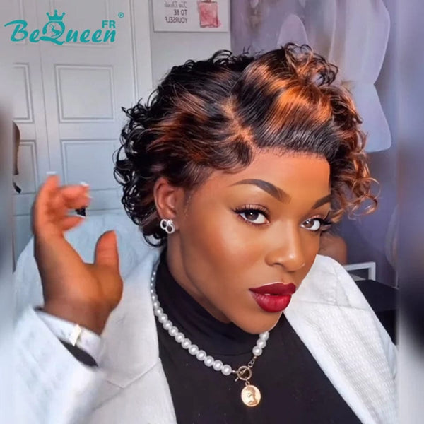 Bequeen Wig “coco” Pixie Black mix brown curly glueless curly Ready to wear 100% human hair