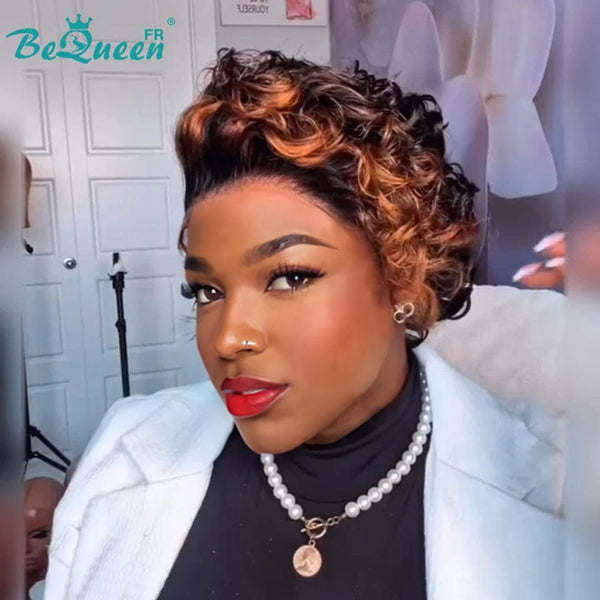 Bequeen Wig “coco” Pixie Black mix brown curly glueless curly Ready to wear 100% human hair