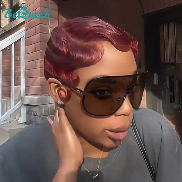 Peluca Bequeen "Joelle" Pixie Rojo borgoña con ondas definidas sin pegamento, lista para usar