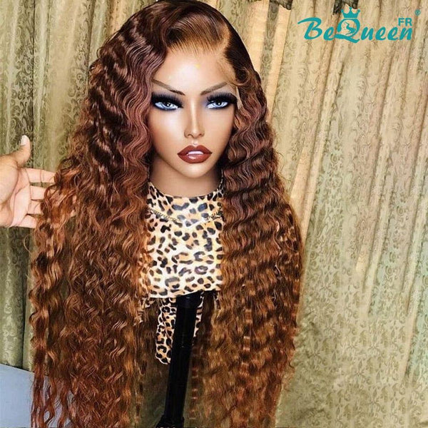 Bequeen Perruque Longue Deep wave Racine Brun et Miel avec lace frontale 13x4