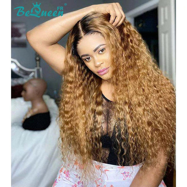 Bequeen Perruque Longue Frontale Deep wave Racine Noir Miel