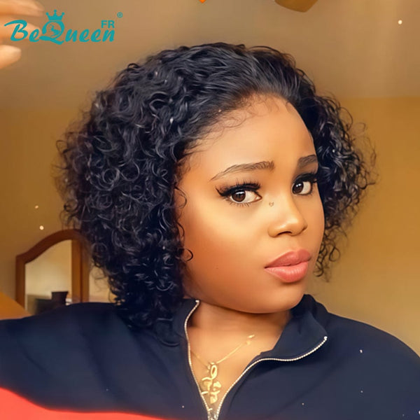 Bequeen Peruca “Suwis” Pixie lisa preta Sem cola Frontal Lace Com Racha Do Lado