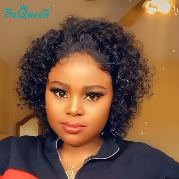 Bequeen Peruca “Suwis” Pixie lisa preta Sem cola Frontal Lace Com Racha Do Lado