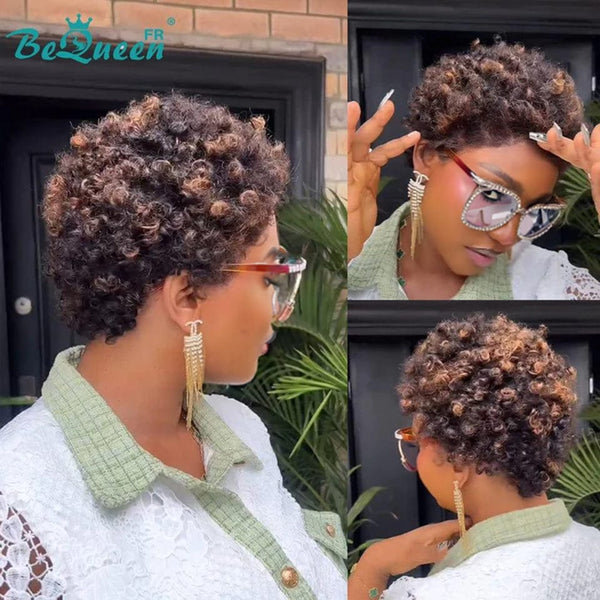 Königin Perücke „Saluly“ Pixie Noir Mix braun lockig ohne Kleber gewellt Fertig zu tragen 100 % menschliche Haare