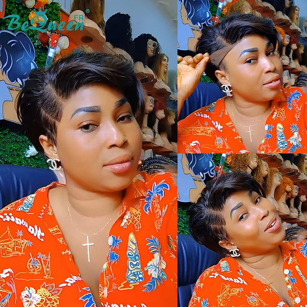 Bequeen Wig “Suwe” Pixie black Glueless Lace Front With 2 Side Parting style 5