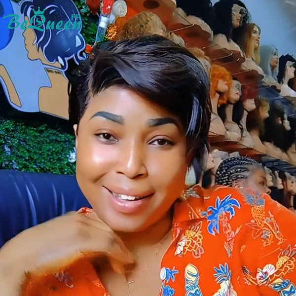 Bequeen Wig “Suwe” Pixie black Glueless Lace Front With 2 Side Parting style 5