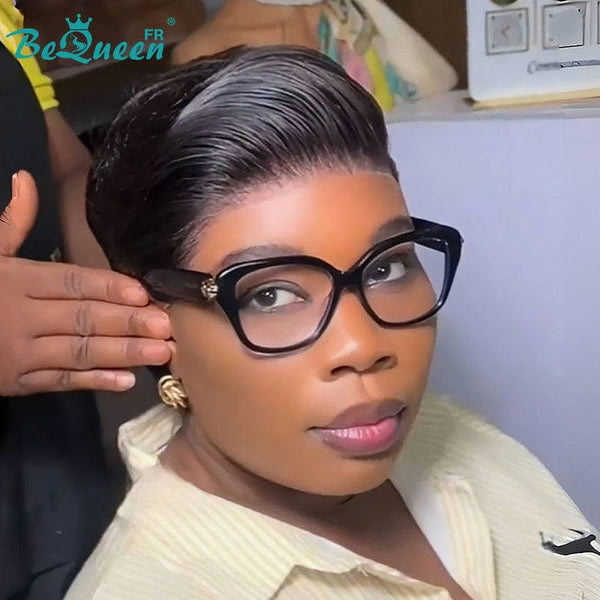 Bequeen Wig “Suwe” Pixie black Glueless Lace Front With Side Parting style 3