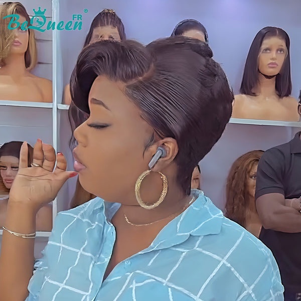 Bequeen Wig “Suwe” Pixie black Glueless Lace Front With Side Parting style 4