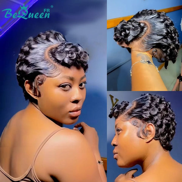 Bequeen Peluca “Suwe” Pixie negro Sin pegamento Frontal de Encaje Con Raya Lateral estilo 7